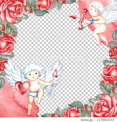 A frame with red roses and cupids. Hand-drawn watercolor illustration. A greeting card for lovers, for Valentine's Day and wedding. It is also suitable for packaging, posters and flyers. A frame with red roses and cupids. Hand-drawn watercolor illustration. A greeting card for lovers, for Valentine's Day and wedding. It is also suitable for packaging, posters and flyers. 117662633