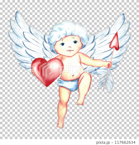 A sweet, charming Cupid with an arrow and a heart. The baby is a Cupid, an angel. A hand-drawn watercolor illustration. A design element for Valentine's Day and wedding. For postcards, printing. 117662634