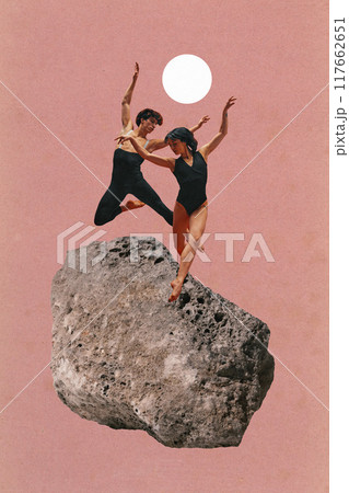 Two dancers elegantly dancing atop rugged rock, silhouetted against soft pink background with bright white sun. Contemporary art collage. 117662651