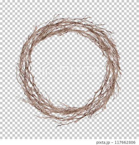Frame with watercolor illustration springtime tree branch without leaves. Brown dry wreath with twig . Isolated on a white background. For print design or eco friendly packaging. Minimalist style 117662806