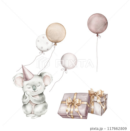 Watercolor koala and balloons and set gifts with bow on isolated background. Hand drawn illustration for greeting cards stack of gift boxes for birthday pastel colors. Australian animal isolated Watercolor koala and balloons and set gifts with bow on isolated background. Hand drawn illustration for greeting cards stack of gift boxes for birthday pastel colors. Australian animal isolated 117662809