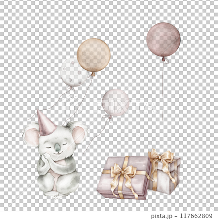Watercolor koala and balloons and set gifts with bow on isolated background. Hand drawn illustration for greeting cards stack of gift boxes for birthday pastel colors. Australian animal isolated 117662809