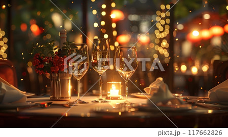 A luxurious dinner table in a pleasant atmosphere. The beautiful scenery makes for a wonderful night. Images like this are often used to post on social media, write blogs or set as wallpaper. 117662826