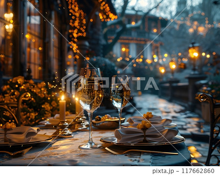 A luxurious dinner table in a pleasant atmosphere. The beautiful scenery makes for a wonderful night. Images like this are often used to post on social media, write blogs or set as wallpaper. 117662860