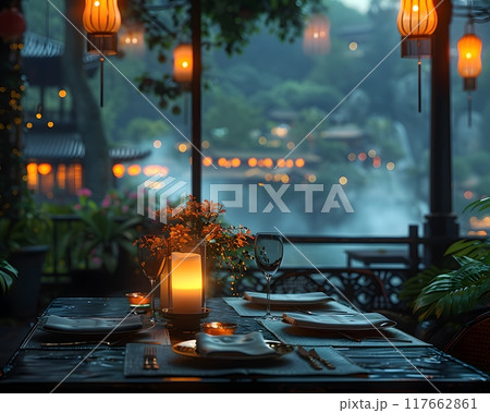 A luxurious dinner table in a pleasant atmosphere. The beautiful scenery makes for a wonderful night. Images like this are often used to post on social media, write blogs or set as wallpaper. 117662861