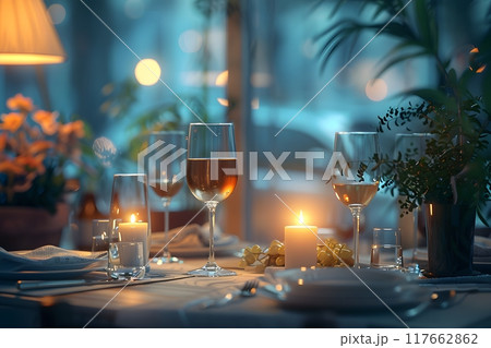 A luxurious dinner table in a pleasant atmosphere. The beautiful scenery makes for a wonderful night. Images like this are often used to post on social media, write blogs or set as wallpaper. 117662862