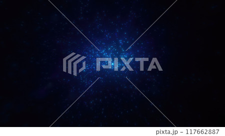 Abstract bright blue glowing background with flying dots circles bokeh energy particles and light rays 117662887