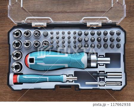 Professional metal screwdriver bit set. Various size and head metal bits for screwdriver boxes for home use and DIY works 117662938