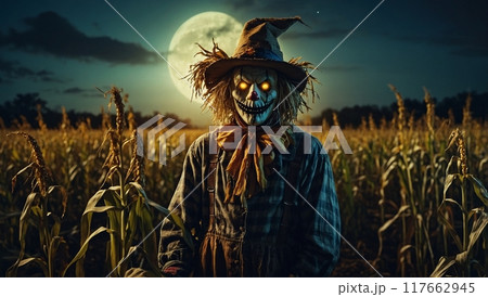 scary scarecrow on halloween night 117662945