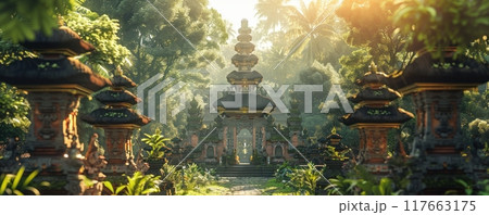 Tilted angle view of a serene Balinese village during Galungan 117663175