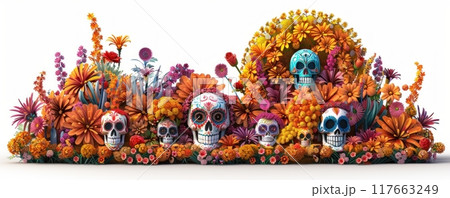 Side view of a Dia de los Muertos parade float 117663249