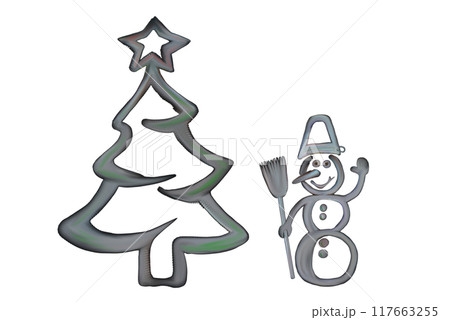 New Year tree, festive coniferous tree, next to a snowman with a broom and a bucket on his head. New Year tree, festive coniferous tree, next to a snowman with a broom and a bucket on his head. 117663255