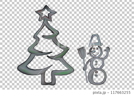 New Year tree, festive coniferous tree, next to a snowman with a broom and a bucket on his head. New Year tree, festive coniferous tree, next to a snowman with a broom and a bucket on his head. 117663255