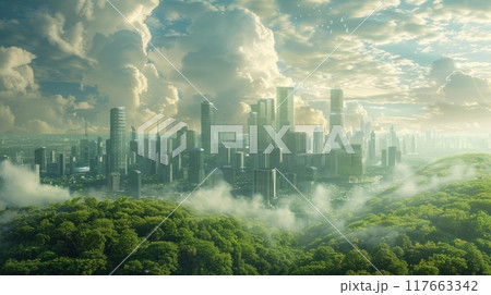 A futuristic city emerges from a lush forest, shrouded in mist, under a dramatic sky. A futuristic city emerges from a lush forest, shrouded in mist, under a dramatic sky. 117663342
