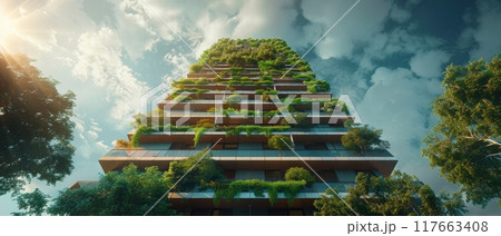 A futuristic, green building with lush greenery and balconies. 117663408