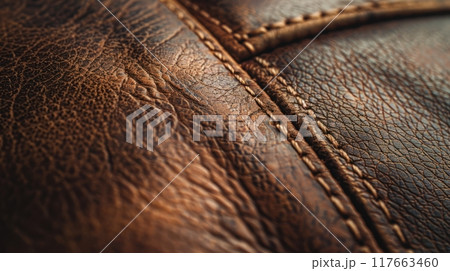 Close-up of brown leather with stitching, showing texture and detail. 117663460