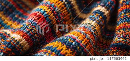 Close-up of colorful knitted fabric texture. 117663461