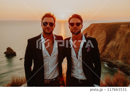 Two bearded men, a gay couple, hold hands. 117663531