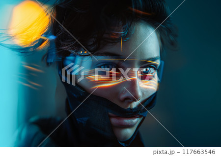 Young Female Uses Artificial Intelligence in System Control Monitoring Center. Young Female Uses Artificial Intelligence in System Control Monitoring Center. 117663546