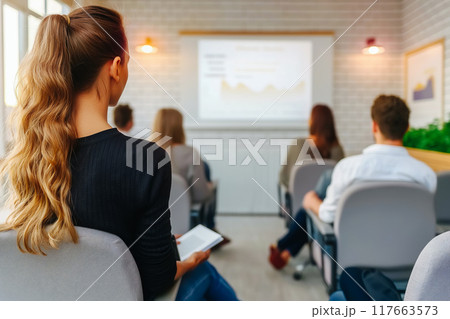 Group of multiethnic people, students sitting in well-lit university auditorium, listening to lecturer 117663573