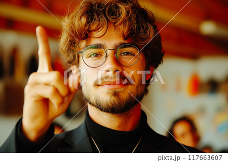 Businessman pointing upwards with confident little smile. focus on finger 117663607