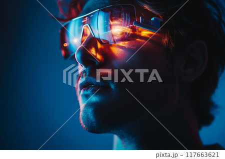 Smart man looking data or connecting with big data or virtual reality by using goggle or VR headset. 117663621