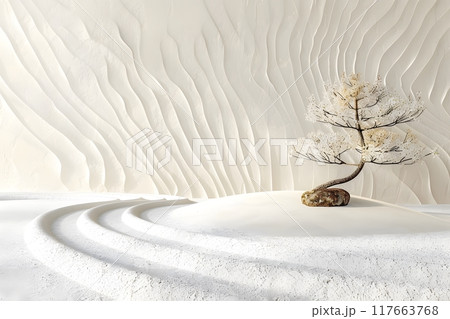 Japanese garden There are ripples on the sand. Create a calm, simple atmosphere suitable for relaxation. It is a space for meditation on Zen philosophy that emphasizes simplicity harmony with nature. Japanese garden There are ripples on the sand. Create a calm, simple atmosphere suitable for relaxation. It is a space for meditation on Zen philosophy that emphasizes simplicity harmony with nature. 117663768