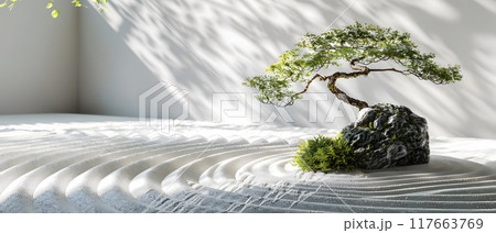 Japanese garden There are ripples on the sand. Create a calm, simple atmosphere suitable for relaxation. It is a space for meditation on Zen philosophy that emphasizes simplicity harmony with nature. Japanese garden There are ripples on the sand. Create a calm, simple atmosphere suitable for relaxation. It is a space for meditation on Zen philosophy that emphasizes simplicity harmony with nature. 117663769