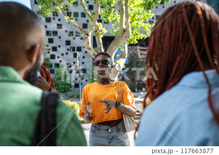 Black woman tells friends interesting story, shares experience, opinions, sets conversation topic. 117663877