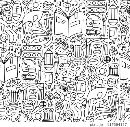 Seamless pattern with arts supplies and dancing attributes. Hobby vector illustration with oil painting palette, brush, pencil, pencil and theater curtain. Vector linear illustration. Seamless pattern with arts supplies and dancing attributes. Hobby vector illustration with oil painting palette, brush, pencil, pencil and theater curtain. Vector linear illustration. 117664137