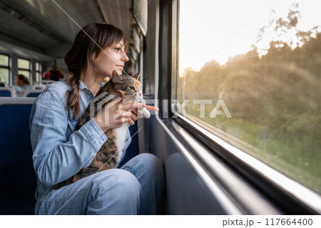Smiling woman with cat riding on train, looking out of window, enjoying late drive at sunset 117664400