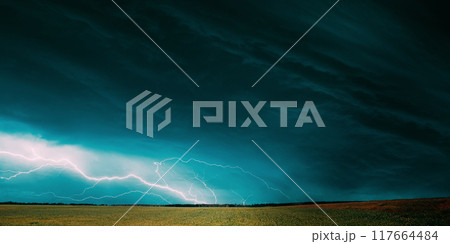 Countryside Rural Wheat Field Meadow Landscape In Summer Rainy Day. Scenic Sky With Rain Clouds On Horizon. Countryside Rural Wheat Field Meadow Landscape In Summer Rainy Day. Scenic Sky With Rain Clouds On Horizon. 117664484
