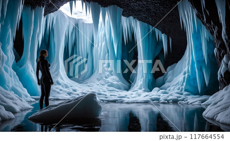 Woman standing in an ice cave inside a glacier, dressed in black. Cave explorer. 117664554