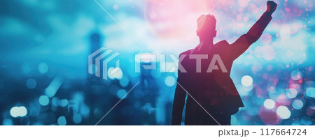 Silhouette of a man celebrating victory with a city lights background. 117664724