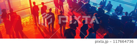 Silhouettes of people walking in a red and blue light. 117664736