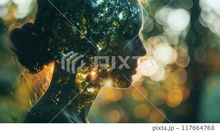 A woman's profile is partially obscured by leaves, creating a sense of mystery and connection with nature. The warm sunlight filters through the foliage. 117664768