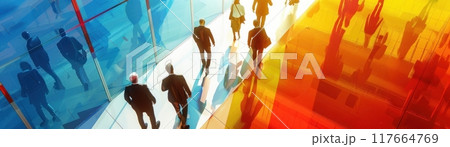 Abstract art with colorful silhouettes of people walking. 117664769