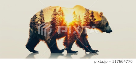 Abstract bear silhouette with forest and sunset inside. 117664770