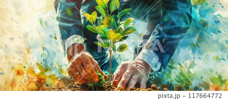 Abstract painting of hands planting a sapling. 117664772