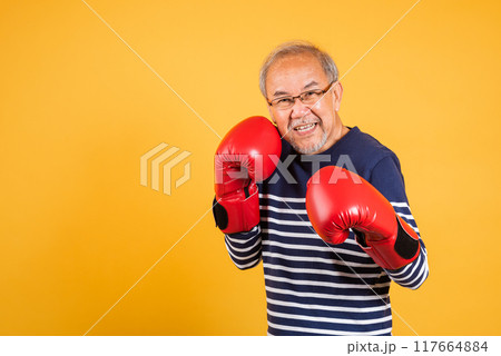 Portrait Asian old man wearing glasses wear two red boxing gloves studio shot isolated yellow background, smiling happy elderly man gray haired healthy fighter lifestyle concept Portrait Asian old man wearing glasses wear two red boxing gloves studio shot isolated yellow background, smiling happy elderly man gray haired healthy fighter lifestyle concept 117664884