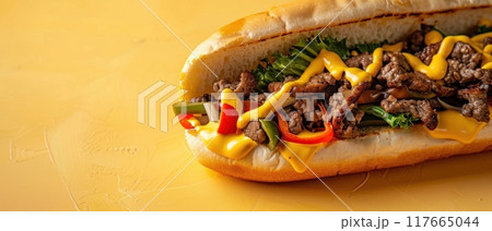 Philly cheesesteak, rising, bullet shot, solid pastel background 117665044