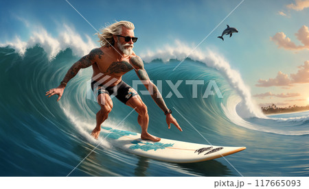 Well-built grandpa surfs on a surfboard, riding a wave. Retiree on a well-deserved retirement showing exceptional surfing skills. Living with a style. Well-built grandpa surfs on a surfboard, riding a wave. Retiree on a well-deserved retirement showing exceptional surfing skills. Living with a style. 117665093