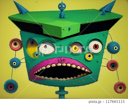 abstract expressionist creepy cute cartoon unreal big head and big eye monster face character. 117665115