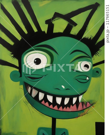 abstract expressionist creepy cute cartoon unreal big head and big eye monster face character. 117665151