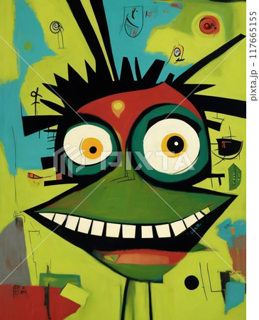 abstract expressionist creepy cute cartoon unreal big head and big eye monster face character. 117665155