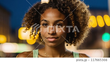 portrait of young attractive smirking woman in 20s. With a flat fluorescent colorful lighting on modern city background.	 117665308