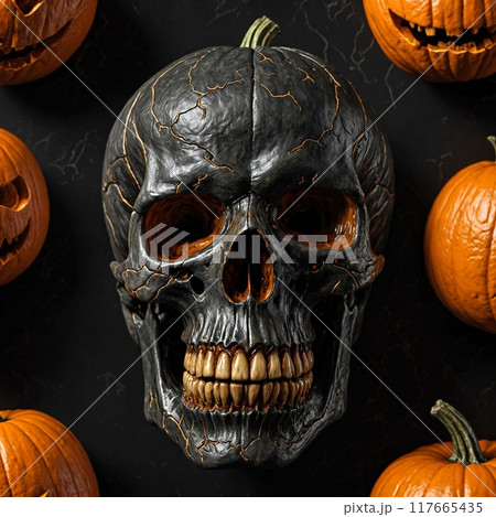 Halloween decoration,  pumpkin in the shape of a human skull, dark background, Jack o Lantern, illustration 117665435
