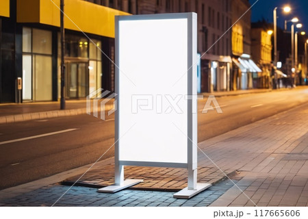 Blank white vertical advertising banner billboard stand on the sidewalk at night. 117665606