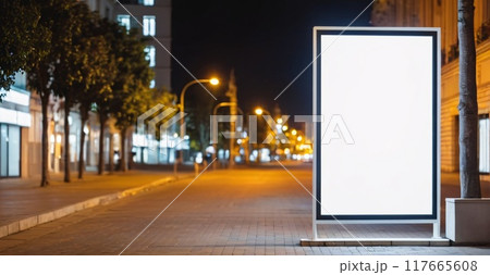 Blank white vertical advertising banner billboard stand on the sidewalk at night. 117665608