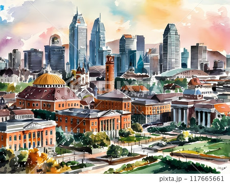 A serene watercolor illustration of a picturesque cityscape.	 117665661
